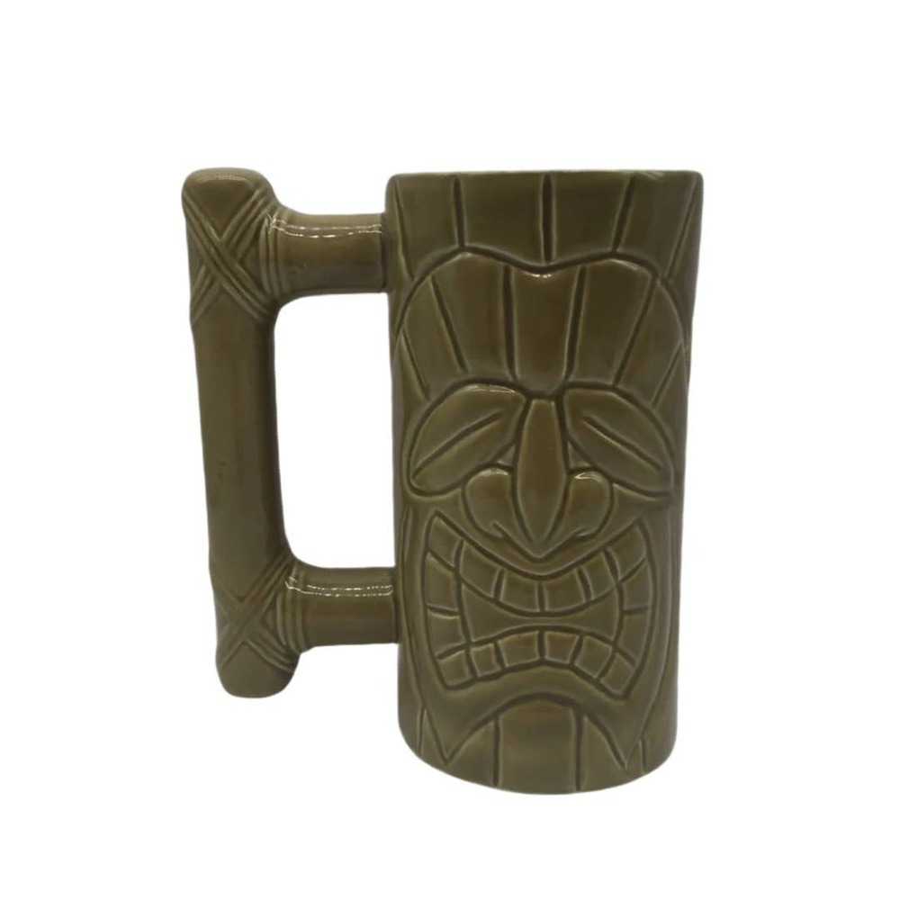 Island Heritage Tall 6 inches Ceramic Tiki Mug Cup Green Face Tribal with Handle